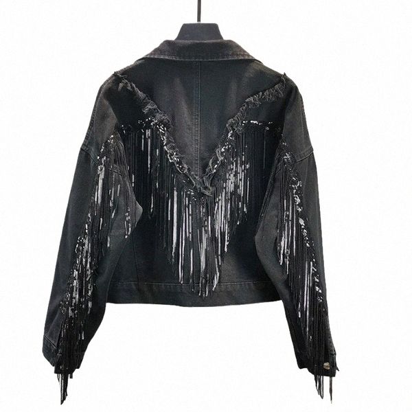 2023 otoño streetwear chaqueta de mezclilla mujeres lentejuelas cadena borla veste femme negro suelto pantalones vaqueros cortos abrigos outwear chaquetas mujer u2eV #