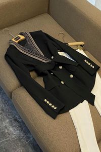Blazer de couleur unie, blanc/noir, manches longues, col à revers, ceinture, Double boutonnage, vêtements d'extérieur, manteaux, automne 2023, O3G302288
