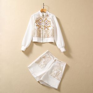 2023 Automne White Paisley Print Two Piece Tracksuits sets Ensembles à manches longues Cold de la veste perlée de la veste courte des combinaisons courts set en deux pièces S3G120809