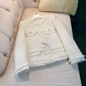 2023 herfst witte vaste kleur pailletten franje tweed jas met lange mouwen ronde nek knopen met een borte jassen
