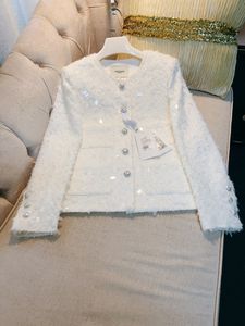 2023 herfst witte massieve kleur pailletten tweed jas lange mouw ronde nek knopen met een borte jassen