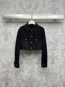 Veste en Denim noir à Double poches, manches longues, col à revers, simple boutonnage, manteau court, vêtements d'extérieur, printemps 2024, WS4M15