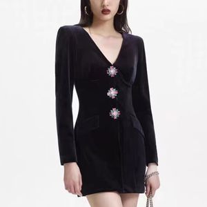 Robe portefeuille en velours noir, Style classique, col en v, boutons avec strass, manches longues, hanche, automne/hiver 2023