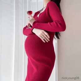 2023 Otoño Invierno moda de punto con cuello en V suéteres de maternidad vestido ropa delgada para mujeres embarazadas encantador R230519