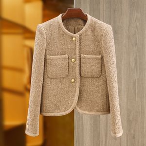 Veste en Tweed à manches longues et col rond, manteau à panneaux en Tweed kaki, décontracté, vêtements d'extérieur courts, mode automne hiver 2023