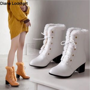 2023 Autumn Winter Fur Women Enkle Boots Kwaliteit Solid Laceup Ladies Shoes Fashion Square High Heels Boats Botines Mujer 33 240329