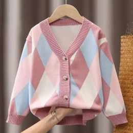 2023 Autumn Winter Girls Boys Casual Plaid Single Fleece breien Cardigan Long Sleeve Warm Shirt L2405