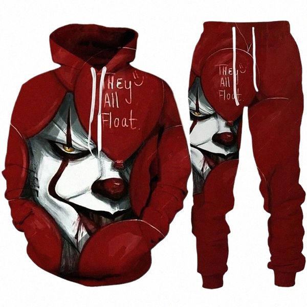 2023 Automne Hiver Sweats à capuche pour hommes Survêtement Ensemble Film d'horreur Clown 3D Imprimer Fi Sweat à capuche Pantalon Costume drôle Unisexe Pull Ensembles j5gj #