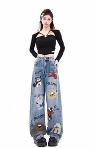 2023 Automne Hiver Nouveau Baggy Jeans Femme Américaine High Street Tube Droit Jeans Femme Carto Imprimer Femmes Pantalon Taille Haute l7zJ #