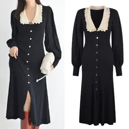 San-dro – Polo en dentelle tricoté à manches longues, robe noire, manches bulles, nouvelle collection automne/hiver 2023