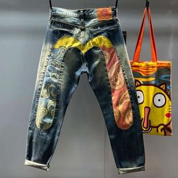 2023 Autumn/Winter Nieuwe gewassen oude jeans voor trendy merk M Print Splited Mandarin Dunge los grote rechte 246121