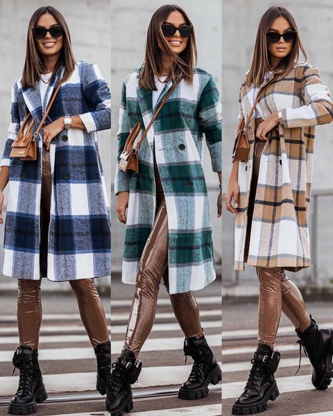 2023 automne/hiver nouvelle mode féminine décontracté Long Mao Ni Plaid coupe-vent manteau