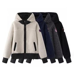 Chaqueta de lana de cordero gruesa con capucha para mujer, abrigo, chaquetas cortas holgadas y cálidas, Top para mujer 2023
