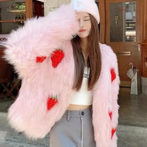 Manteaux en fausse fourrure imprimé fraise rose pour femme, manteaux élégants, épais et chauds, Vintage, automne hiver 2023