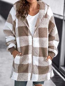 2023 automne hiver Plaid fausse fourrure manteau femmes Teddy manteau à capuche vestes femme fourrure ours en peluche en peluche veste femmes T230808