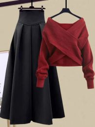 2023 Autumn Winter Roksets voor vrouwen Outfits Koreaanse casual gebreide trui en hoge taille rokken tweedelig sets