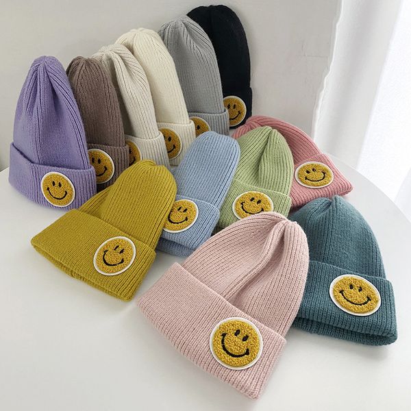 Chapeaux en laine tricotés chauds pour femmes, filles et garçons, Smiley, mode drôle, élastique, 11 couleurs, chapeau pour enfants, automne hiver 2023