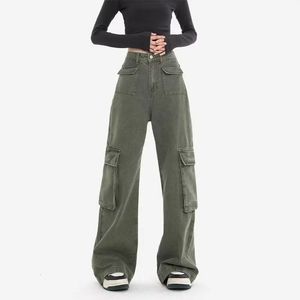 2023 Herfst Winter Vrouw Cargo Jeans Amerikaanse High Street Straight Barrel Vrouwen Broek Legergroen Dames Taille 240129