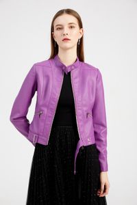 2023 Automne Hiver Femmes Vestes En Cuir Pu Col Montant Zip Épissé Rivet Taille Réglable Femme Fausse Fourrure Court Slim Manteaux NXHP007