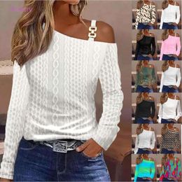 2023 Automne Femmes Vêtements de créateurs T-shirt Blouses pour femme Boucle en métal simple Col d'épaule oblique Chemises Vêtements pour femmes Tenues