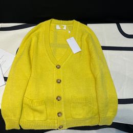 Cardigan jaune à manches longues, couleur unie, col en v, boutons tricotés, simple boutonnage, hauts WS3O22, automne 2023