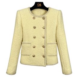 2023 Herfst Geel Effen Kleur Contrasterende Afwerking Jas Met Lange Mouwen Ronde Hals Tweed Dubbele Zakken Double-Breasted Jassen Jas Kort Uitloper D3S150333