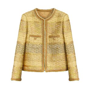 2023 Otoño Amarillo Color Sólido Contraste Trim Oro Tweed Chaqueta Manga Larga Cuello Redondo Doble Bolsillos Chaquetas Clásicas Abrigo Corto Outwear A3G306578