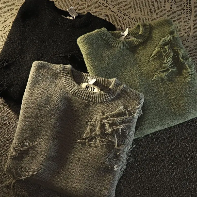 2023 Autumnand Y2K Streetwear Men Nieuw retro gat franjes trui losse veelzijdige trui voor mannen en vrouwen lange mouw trui