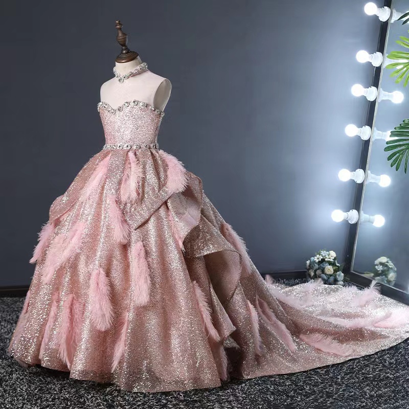 2023 suknia balowa sukienki dla dziewczynek na ślub cekinowy naszyjnik z piór dżetów dzieci sukienka na konkurs piękności zroszony urodziny dziewczyny przyjęcie urodzinowe suknie świąteczne