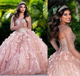 2023 robe de bal robes de Quinceanera robes de mariée Blush rose paillettes scintillantes perles de cristal Illusion Corset dos manches longues doux 5206723