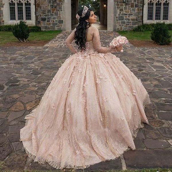 2023 robe de bal robes de Quinceanera robes de mariée rose blush scintillant or rose paillettes illusion corset dos creux paillettes manches longues robe douce 16 avec des fleurs