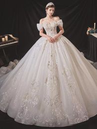 2023 baljurk trouwjurken Vestido de noiva de renda 3d bloemen kanten applique koninklijke trein luxe prinses bruidsjurken Arabisch backless lades gewaden de mariiee