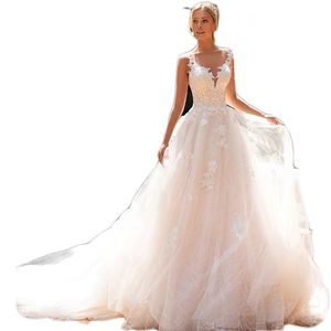 2023 strand Elegant Kant A-lijn Trouwjurken Sheer Mesh Hofsleep Tuin Bruids Bruidsjurken robe de mariee vestidos de novia boho v-hals designer bruidsjurken