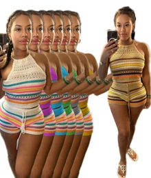 2023 Conjuntos de dos piezas de playa Mujeres Sexy Halter Chaleco y pantalones cortos Conjunto Hallow Out Outfits Envío gratis