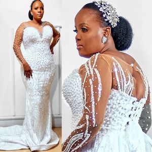 2023 Robes de mariée sirène perlées robe de mariée avec train détachable manches longues corset dos sur mesure plage pays plus taille robe de novia 401 401