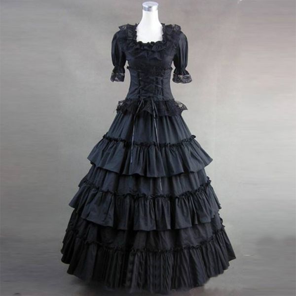 2023 Vestido de fiesta victoriano gótico de algodón blanco y negro Vestidos de fiesta de princesa de corte de manga corta retro del siglo XVIII Vestidos de disfraces para mujeres