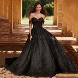 2023 Black Gothic Wedding Dress Lace Apliques Boaded A-Line Long Tulle Sequin Gowns Gowns Sweetheart Fielline fuera del hombro Vestidos de novia vintage