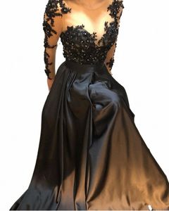 2023 Black Mandmade FrS Crystal Formal Evening Dr Satin Lace Women Evening Robes Elegant A-Line LG Sleeve Prom Dres 59NB #