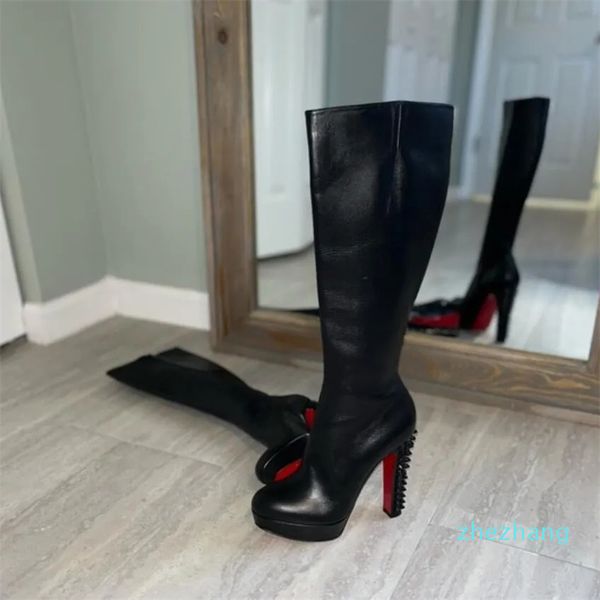 2023-noir bottes longues femmes chaussures rouge talons hauts plate-forme genou botte bloc talon pointu pompes soirée robe de soirée de mariage