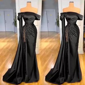 2023 Black Prom Dresses Sequins Beaded Long Sleeves One Shoulder Mermaid Illusion High Split Floor Length Custom Made Ruched Evening Party Gowns vestidos Plus Size