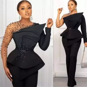 2023 Combinaison de soirée en satin noir Robes à manches longues perlées Sheer Neck peplum Formal Slim Fit Occasion robe de bal Arabe Aso Ebi