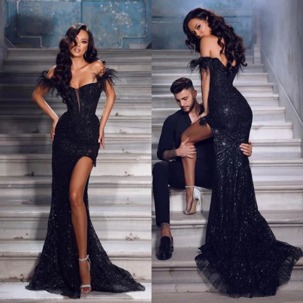 2023 Negro Split Sexy Lentejuelas Sirena Vestidos de baile Recepción larga Plumas Vestidos de noche Mujeres africanas Fiesta formal Vestidos de fiesta BC15160 0216