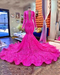 2023 bling fuchsia prom jurken pailletten sexy zeemeermin sleutelgat illusie sprankelende lovertjes kanten lange mouwen formele feestjurk plus size avondjurken zwarte meisjes