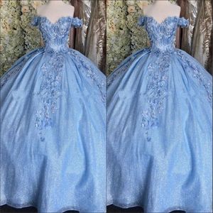 2023 Bling Tulle Bahama Blue Quinceanera Dress Ball Jurk van de schouder 3D Flowers Crystal Corset Back Lace-Up Prom afstuderen Formulier 292m