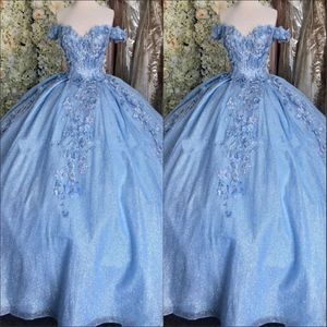 2023 Bling Tulle Bahama Blue Quinceanera Dress Ball Jurk van de schouder 3D Flowers Crystal Corset Back Lace-Up Prom afstuderen Formulier 224E