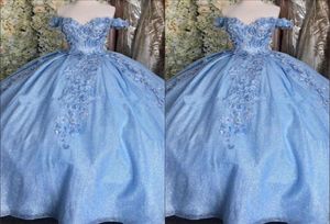 2023 bling tule bahama blauw quinceanera jurken baljurk van de schouder 3d bloemen kristal korset terug kantup prom afstuderen9635188