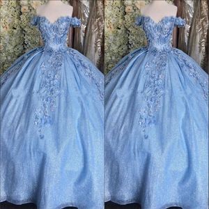 2023 Bling Tulle Bahama Blue Quinceanera Jurken Baljurk Schouderafhangend 3D Bloemen Crystal Corset Back Lace-up Prom Graduation2711