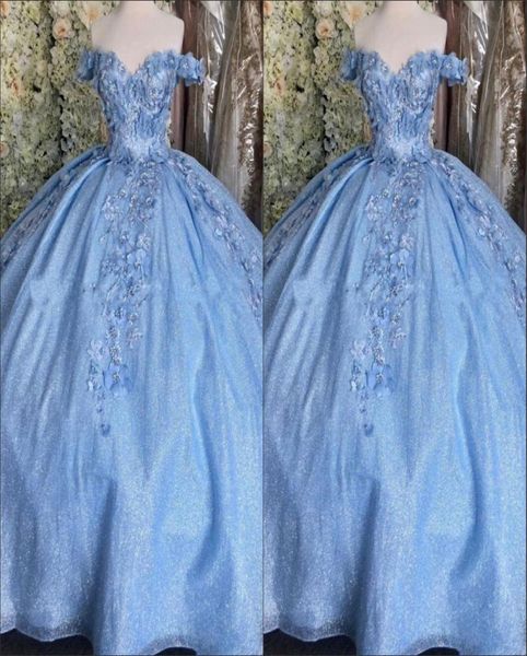 2023 Bling Tulle Bahama Bleu Quinceanera Robes Robe De Bal De L'épaule 3D Fleurs Cristal Corset Retour Laceup Prom Graduation5304690