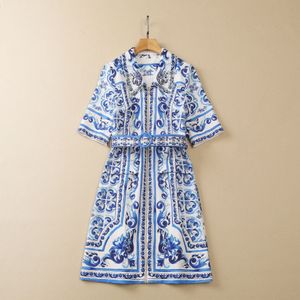 2023 Blauwe jurk met paisleyprint en kralen, 1/2 halve mouw, revers, ceintuur, rits aan de voorkant, knielange casual jurken S3A240420