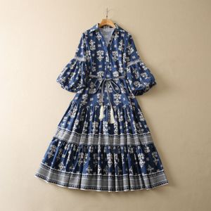 Robe mi-longue en coton avec ceinture, imprimé Paisley bleu, manches lanternes, col à revers, panneaux mi-longs, robes décontractées, 2023, S2D201654, 3/4